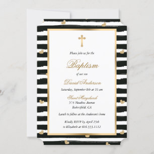 Modern Black Gold Cross Hearts Baptism Invitation