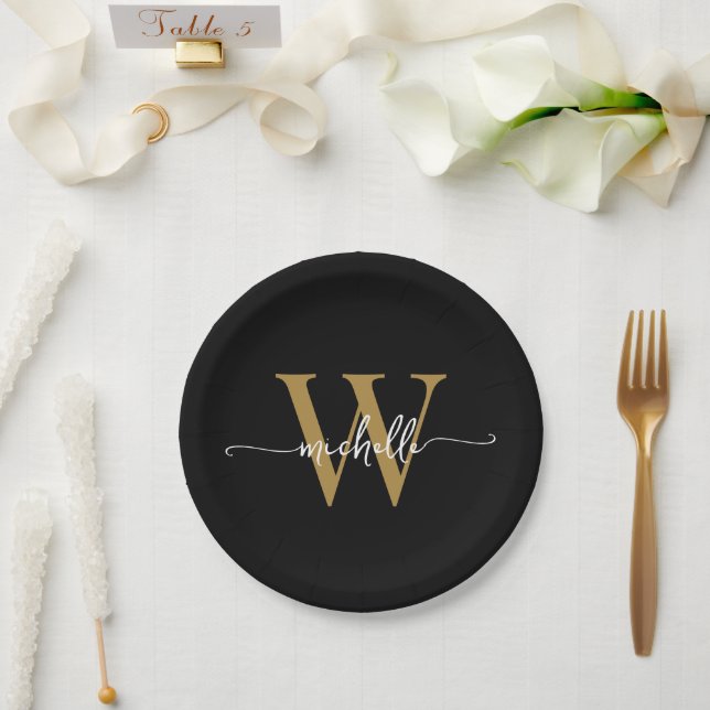 Modern Black Gold Custom Monogram Name Script  Paper Plate (Wedding)