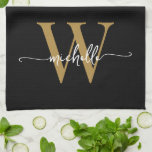 Modern Black Gold Custom Monogram Name Script Tea Towel<br><div class="desc">Girly Modern Elegant Black and Gold Monogram Initial Name Signature Script Custom Personalised Kitchen Towel. This design featuring your first name in a pretty hand lettered style swash tail font typography (or calligraphy) with monogram initial in gold and white on black. These are easy to customise it. Great stylish feminine...</div>