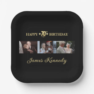 Modern Black & Gold Custom Photos 70th Birthday Paper Plate