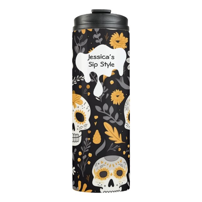 Modern Black Gold Customise Halloween Gift Skull  Thermal Tumbler (Front)