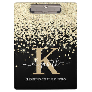 Modern Black Gold Diamond Glitter Monogrammed Clipboard