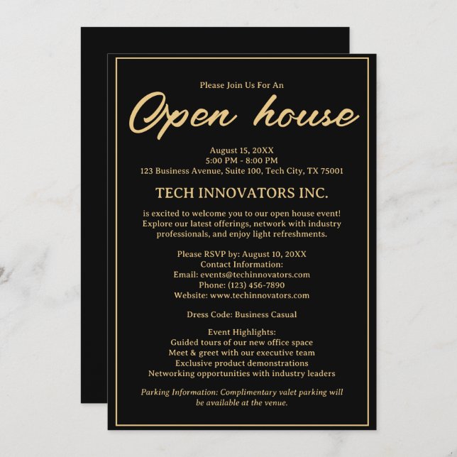 Modern Black & Gold Elegant Business Open House  Invitation (Front/Back)