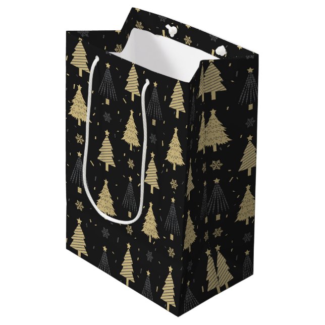 Modern Black & Gold Elegant Christmas Tree Pattern Medium Gift Bag (Front Angled)