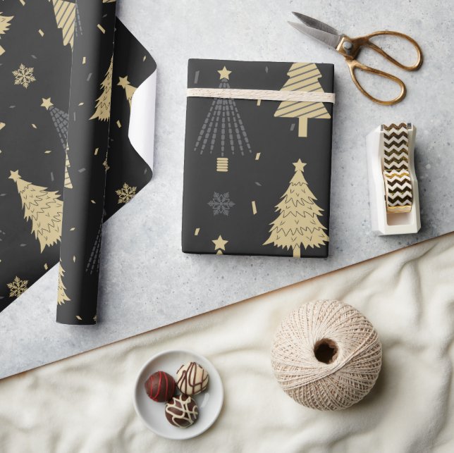 Modern Black & Gold Elegant Christmas Tree Pattern Wrapping Paper (Crafts)