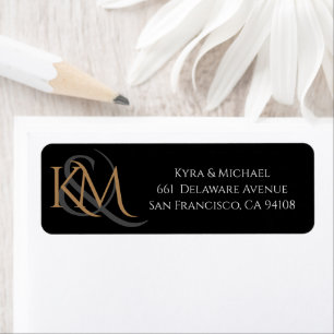 Modern Black Gold Elegant Monogram Wedding Address Return Address Label