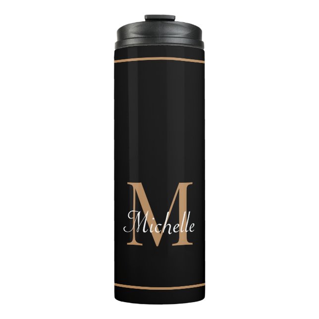Modern Black Gold Elegant Script Monogram Thermal Tumbler (Front)