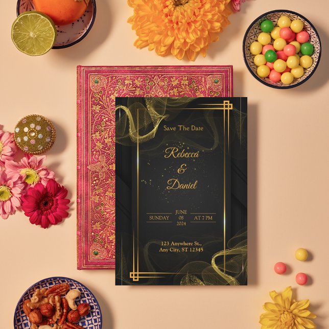 Modern Black & Gold Elegant Wedding Save The Date Thank You Card (Modern Black and Gold wedding Save the dates)