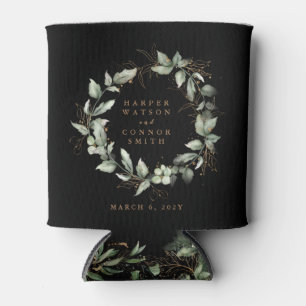 Modern Black Gold Eucalyptus Wreath Wedding Can Cooler