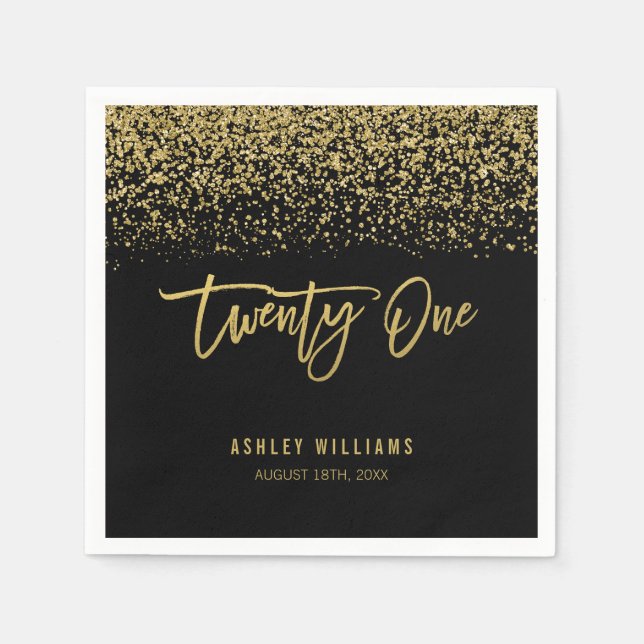 Modern Black Gold Faux Glitter 21st Birthday Napkin (Front)