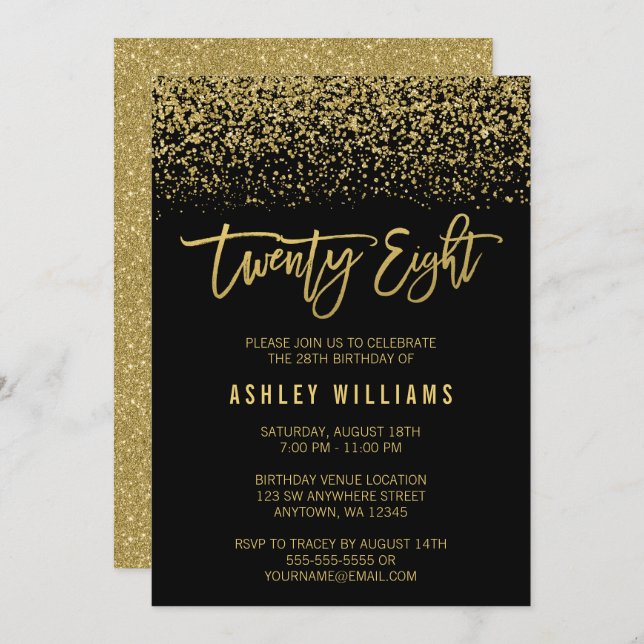 Modern Black Gold Faux Glitter 28th Birthday Invitation (Front/Back)