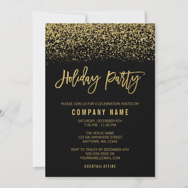 Modern Black Gold Faux Glitter Holiday Party Invitation (Front)