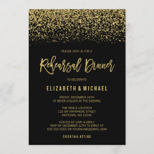 Modern Black Gold Faux Glitter Rehearsal Dinner Invitation