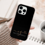 Modern Black Gold Feminine Script Heart Monogram iPhone 15 Pro Max Case<br><div class="desc">Modern Black Gold Feminine Script Heart Monogrammed Phone Case. Easily personalise this modern elegant phone case with your custom monogram and name. The design also features pretty swashes and a hand drawn heart.</div>