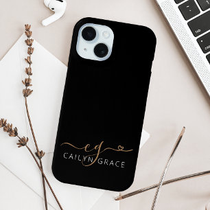 Modern Black Gold Feminine Script Heart Monogram iPhone 15 Case