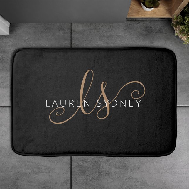 Modern Black Gold Feminine Script Monogrammed Bath Mat (Creator Uploaded)
