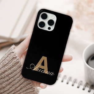 Modern Black Gold Feminine Script Monogrammed iPhone 15 Pro Max Case