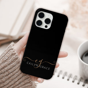 Modern Black Gold Feminine Script Monogrammed iPhone 15 Pro Max Case