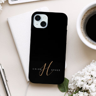 Modern Black Gold Feminine Script Monogrammed iPhone 15 Mini Case