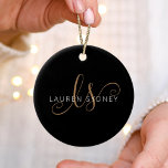 Modern Black Gold Feminine Script Monogrammed Ceramic Ornament<br><div class="desc">Modern Black Gold Feminine Script Monogrammed Ceramic Ornament. Easily personalise this modern elegant ceramic ornament with your custom monogram and name.</div>