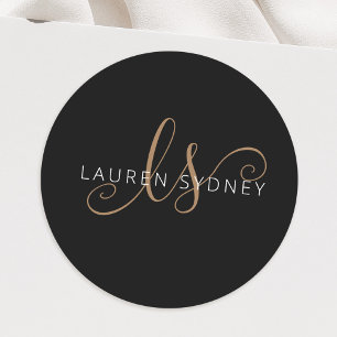 Modern Black Gold Feminine Script Monogrammed Classic Round Sticker