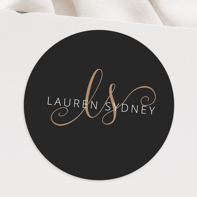 Modern Black Gold Feminine Script Monogrammed Classic Round Sticker (Creator Uploaded)