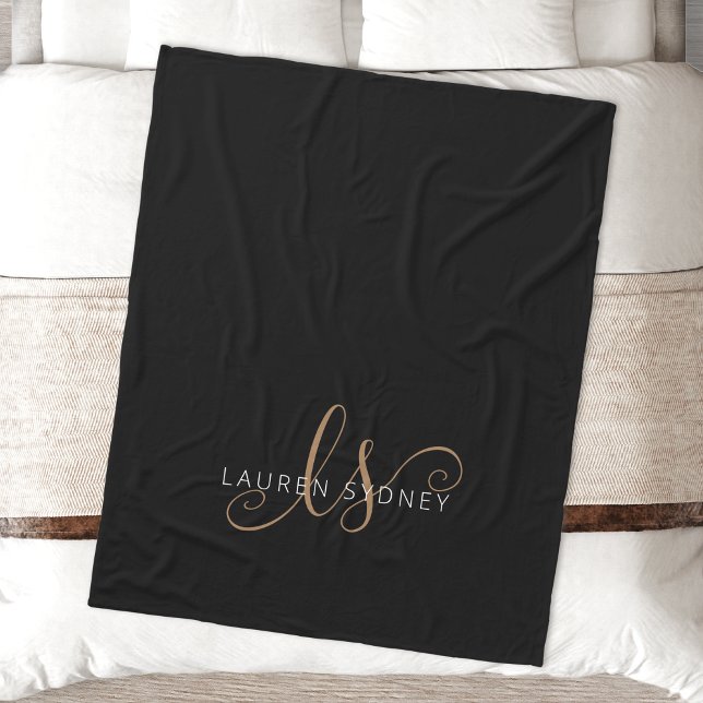 Modern Black Gold Feminine Script Monogrammed Fleece Blanket (Creator Uploaded)
