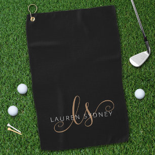 Modern Black Gold Feminine Script Monogrammed Golf Towel
