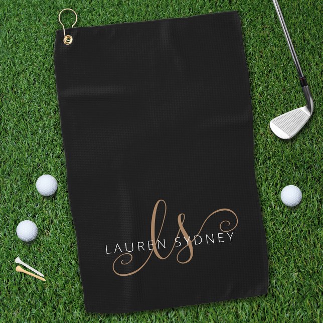 Modern Black Gold Feminine Script Monogrammed Golf Towel (Creator Uploaded)