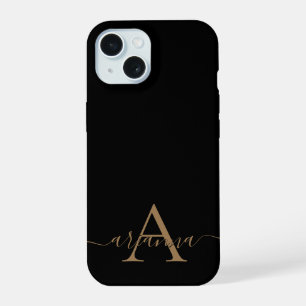 Modern Black Gold Feminine Script Monogrammed iPhone 15 Case