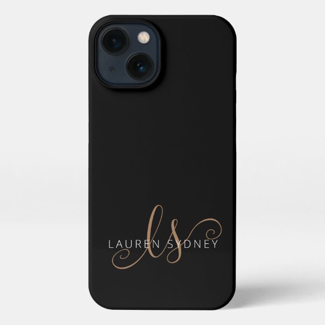 Modern Black Gold Feminine Script Monogrammed iPhone Case (Back)