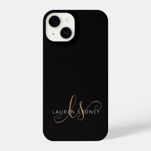 Modern Black Gold Feminine Script Monogrammed iPhone 14 Case