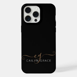 Modern Black Gold Feminine Script Monogrammed iPhone 15 Pro Max Case