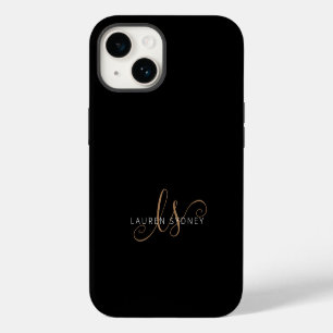 Modern Black Gold Feminine Script Monogrammed iPhone 14 Case