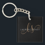 Modern Black Gold Feminine Script Monogrammed  Key Ring<br><div class="desc">Modern Black Gold Feminine Script Monogrammed keychain. Easily personalise this modern elegant keychain with your custom monogram and name.</div>