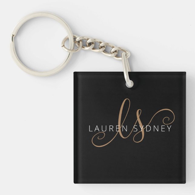 Modern Black Gold Feminine Script Monogrammed  Key Ring (Front)