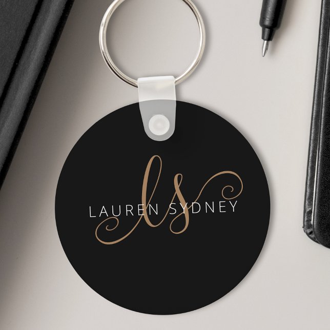 Modern Black Gold Feminine Script Monogrammed Key Ring (Creator Uploaded)