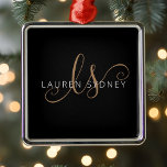 Modern Black Gold Feminine Script Monogrammed Metal Ornament<br><div class="desc">Modern Black Gold Feminine Script Monogrammed Metal Ornament. Easily personalise this modern elegant metal ornament with your custom monogram and name.</div>