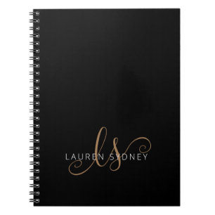 Modern Black Gold Feminine Script Monogrammed Notebook