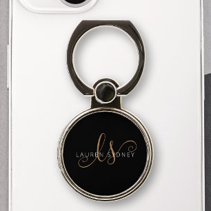 Modern Black Gold Feminine Script Monogrammed Phone Ring Stand