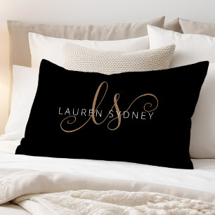 Modern Black Gold Feminine Script Monogrammed Pillowcase