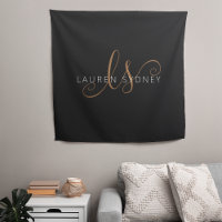 Modern Black Gold Feminine Script Monogrammed