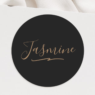 Modern Black Gold Feminine Script Name Classic Round Sticker