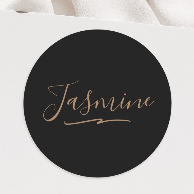 Modern Black Gold Feminine Script Name Classic Round Sticker (Creator Uploaded)