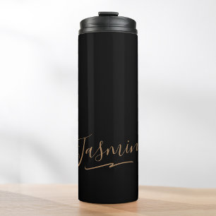 Modern Black Gold Feminine Script Name Thermal Tumbler