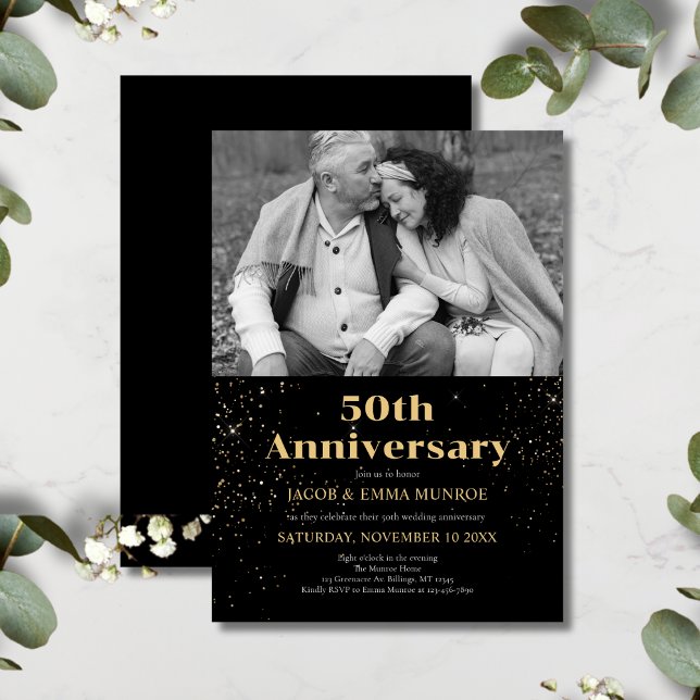 Modern Black Gold Fiftieth Anniversary Photo  Invitation (Creator Uploaded)