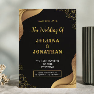 Modern Black Gold Floral Elegant Wedding Invitation