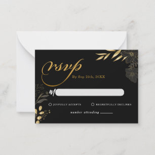 Modern Black Gold Floral Elegant Wedding RSVP Card