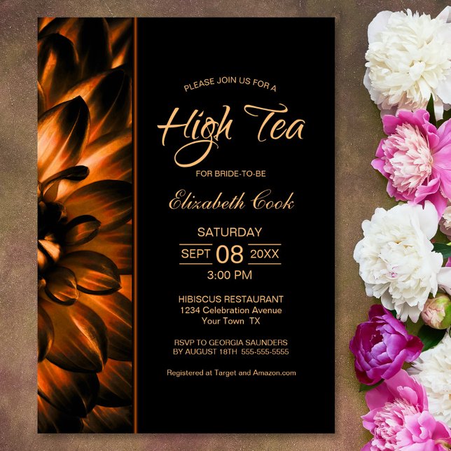 Modern Black Gold Floral High Tea Bridal Shower Invitation (Creator Uploaded)