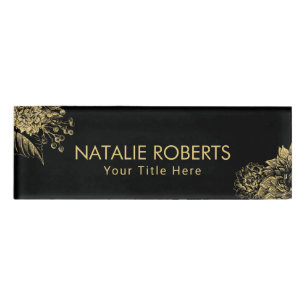 Modern Black Gold Floral Makeup Artist Hair Salon Name Tag